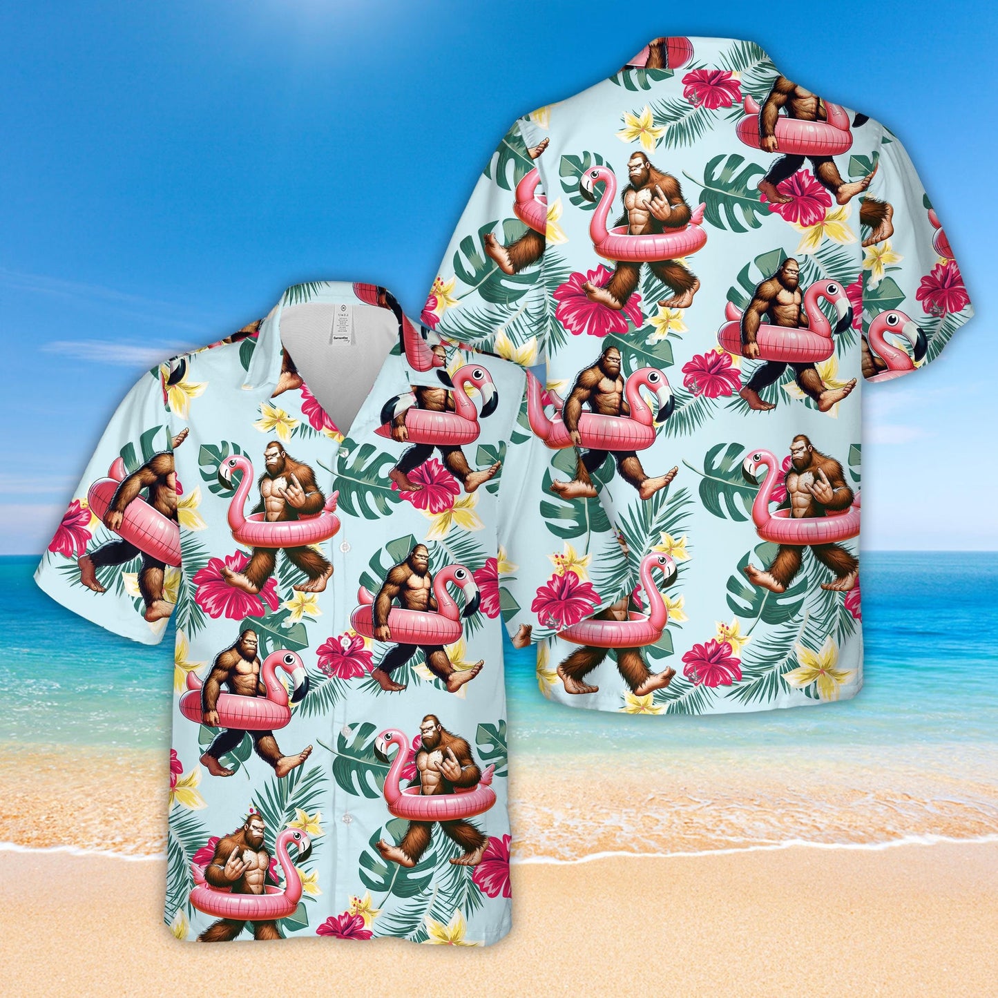 Tropical Bigfoot Flamingo Float Hawaiian Shirt