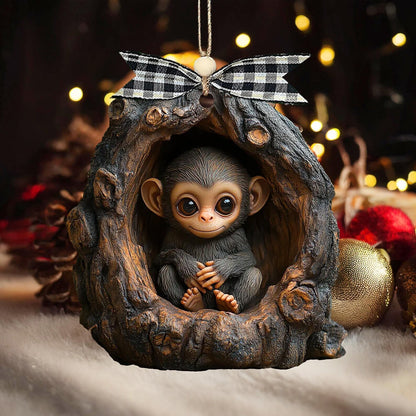 Cute Monkey Wooden Ornament, Christmas Gift for Monkey Lover