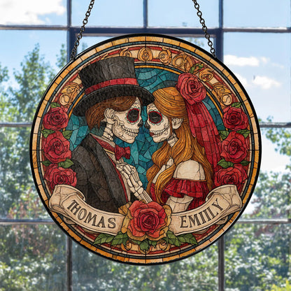 Custom Skeleton Couple Stained Glass Suncatcher, Hanging Decor