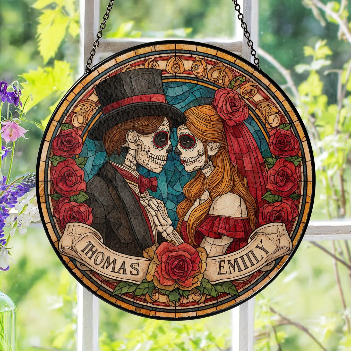 Custom Skeleton Couple Stained Glass Suncatcher, Hanging Decor