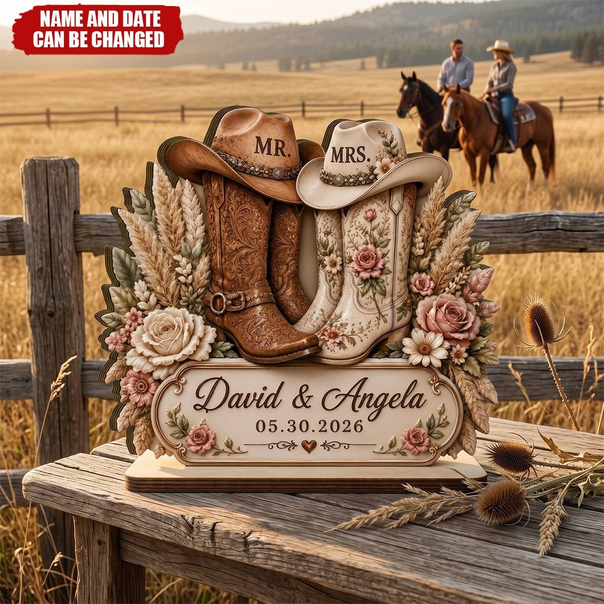 Rustic Cowboy Boots Personalized Wedding Wooden Plaque - Custom Anniversary Gift for Couples
