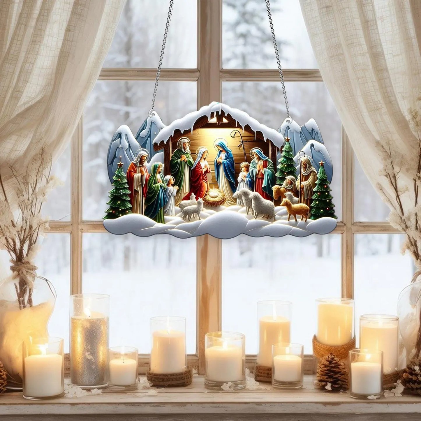 Christmas Nativity Scene Acrylic Window, Christian Acrylic Window Hanging