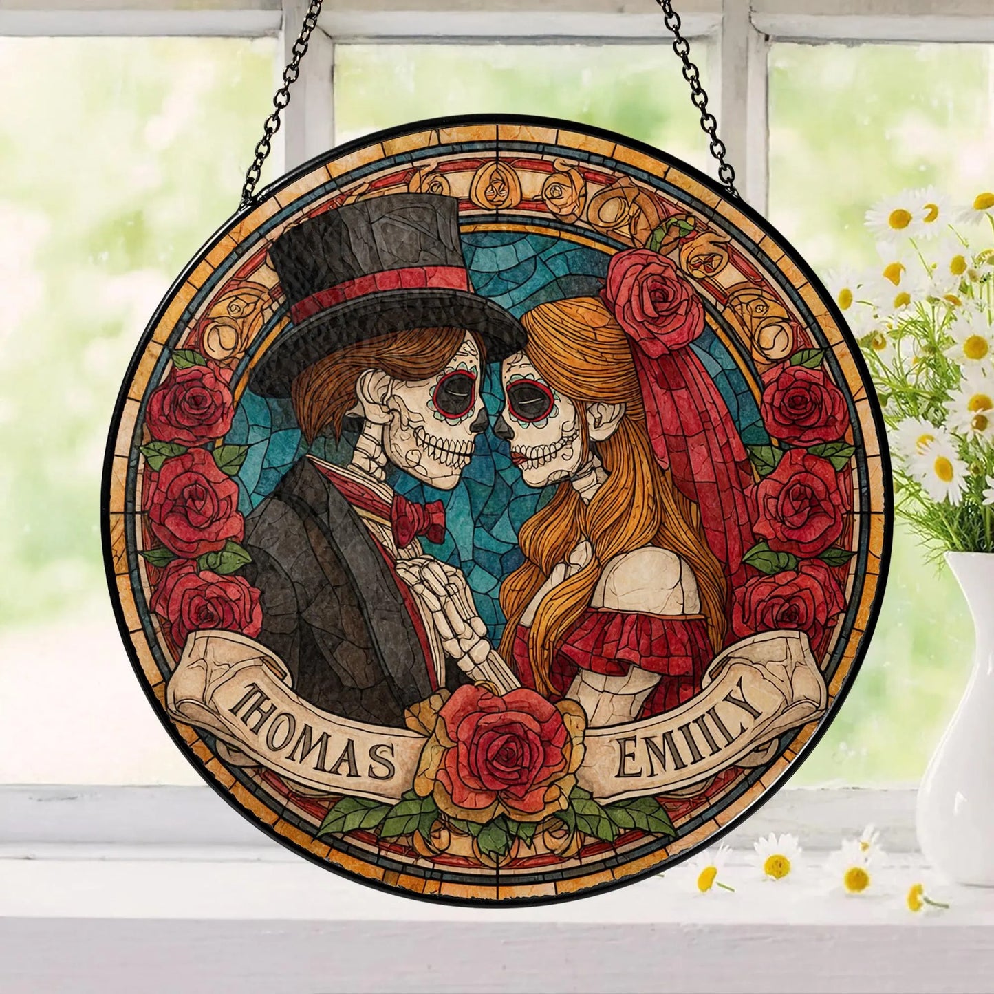 Custom Skeleton Couple Stained Glass Suncatcher, Hanging Decor