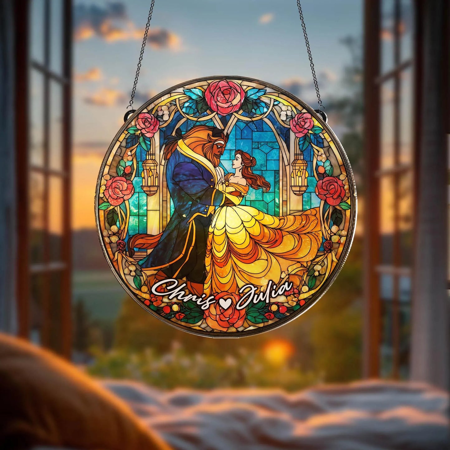 Personalized Beauty Couple Stained Glass Suncatcher, Hanging Decor