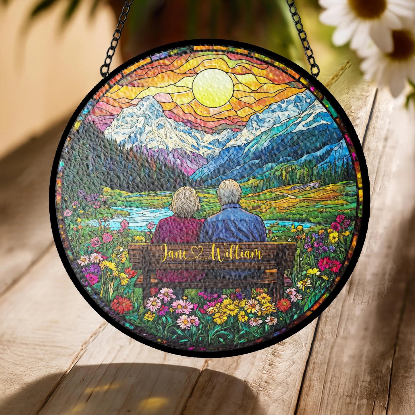 Custom Couple Stained Glass Suncatcher, Faux Glass Sunset & Mountain