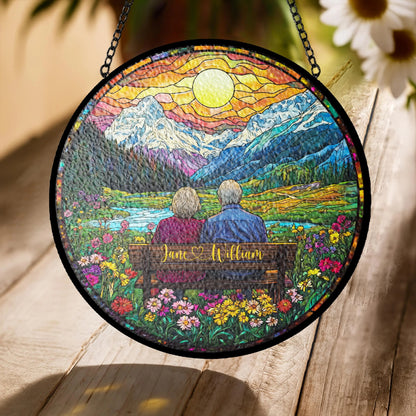 Custom Couple Stained Glass Suncatcher, Faux Glass Sunset & Mountain