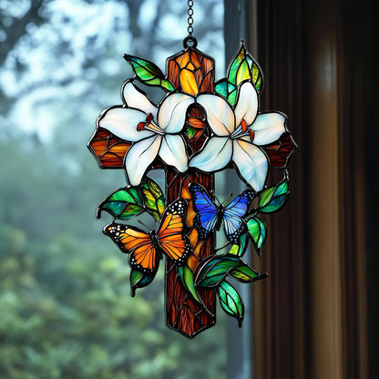 Lily & Butterfly Cross Acrylic Window, Christian Acrylic Window Hanging