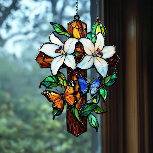 Lily & Butterfly Cross Acrylic Window, Christian Acrylic Window Hanging