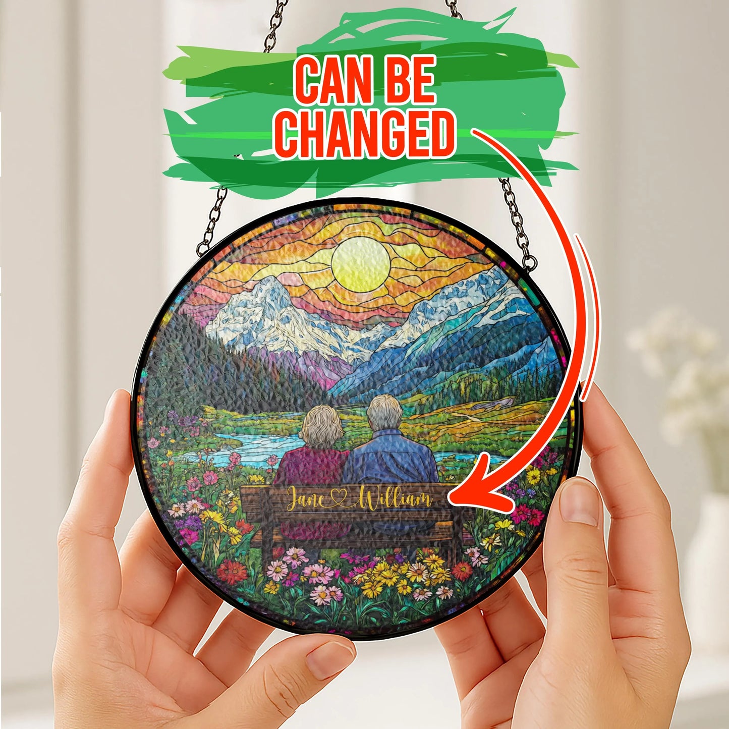 Custom Couple Stained Glass Suncatcher, Faux Glass Sunset & Mountain