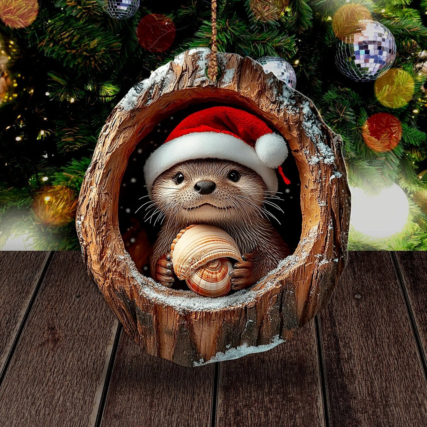 Cute Otter Christmas Wood Ornament
