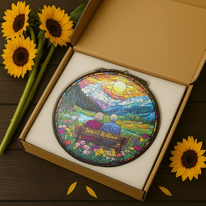 Custom Couple Stained Glass Suncatcher, Faux Glass Sunset & Mountain
