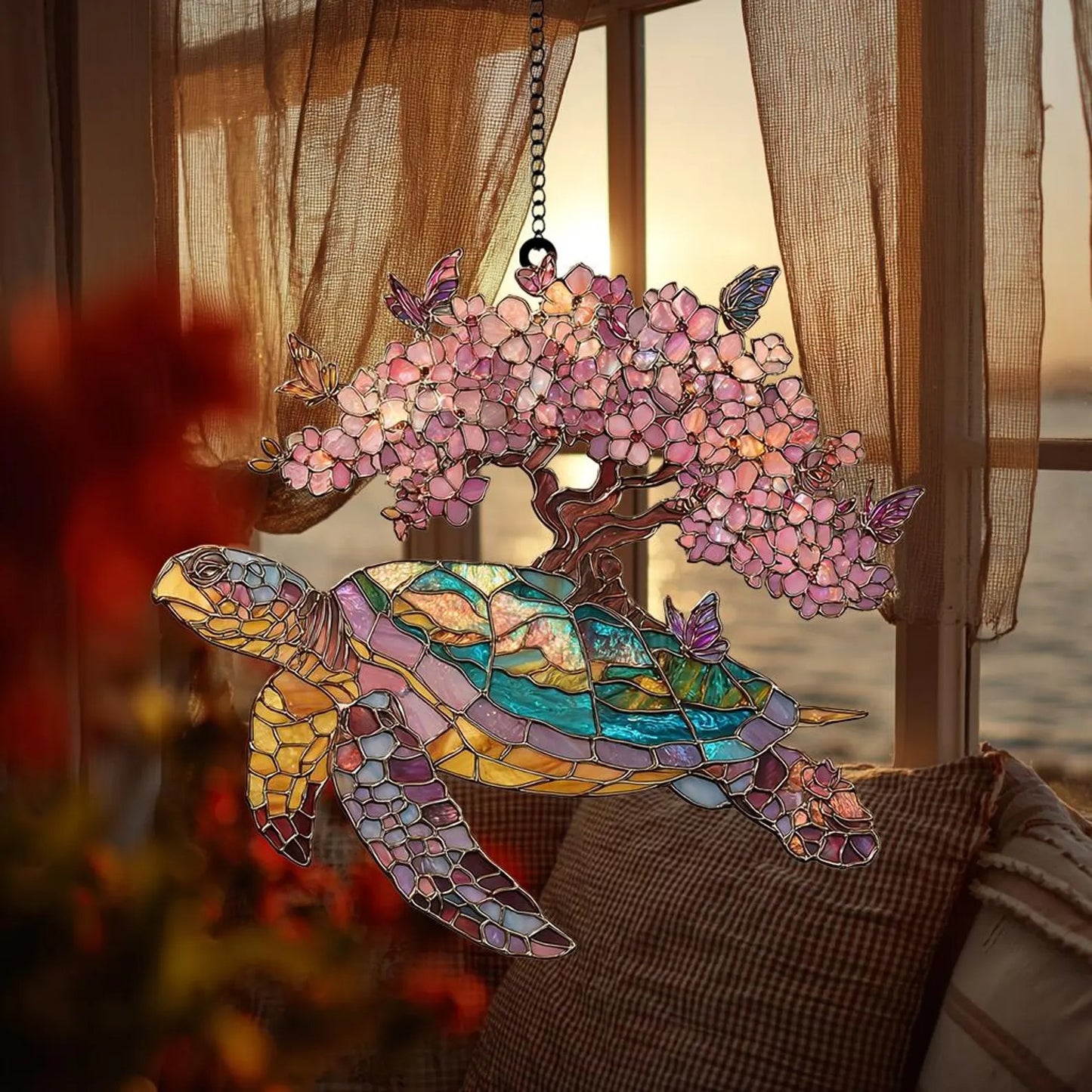 Sea Turtle With Cherry Blossom Tree Acrylic Window Suncatcher