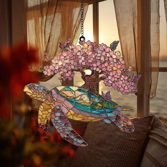 Sea Turtle With Cherry Blossom Tree Acrylic Window Suncatcher