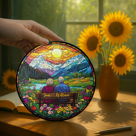Custom Couple Stained Glass Suncatcher, Faux Glass Sunset & Mountain