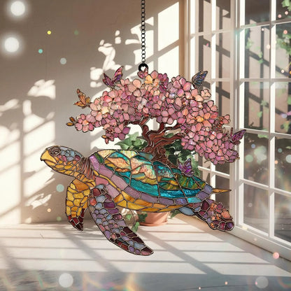 Sea Turtle With Cherry Blossom Tree Acrylic Window Suncatcher