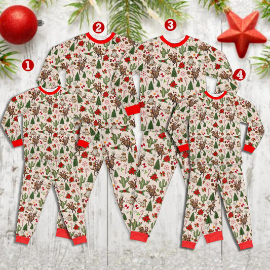 Christmas Western Santa Riding Dinosaur Family Pajamas Set