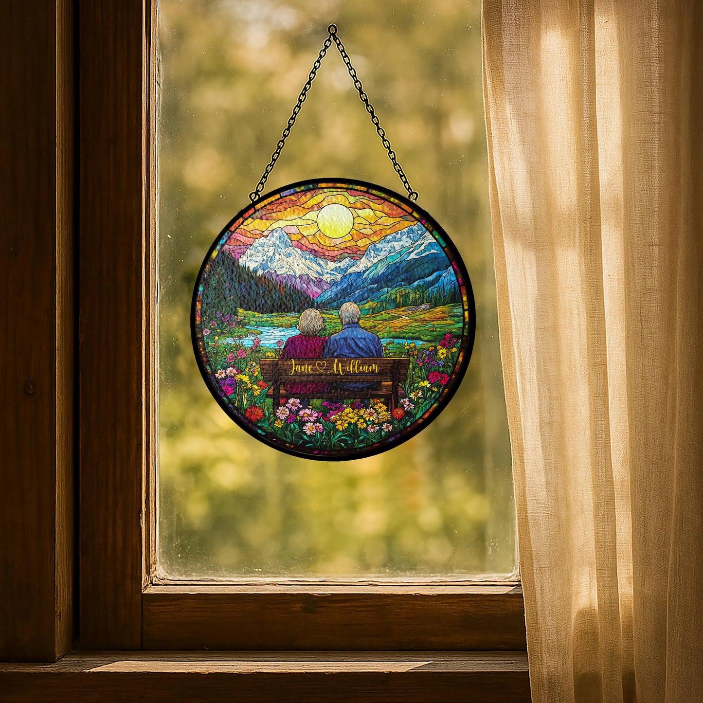 Custom Couple Stained Glass Suncatcher, Faux Glass Sunset & Mountain