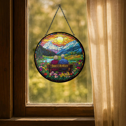 Custom Couple Stained Glass Suncatcher, Faux Glass Sunset & Mountain