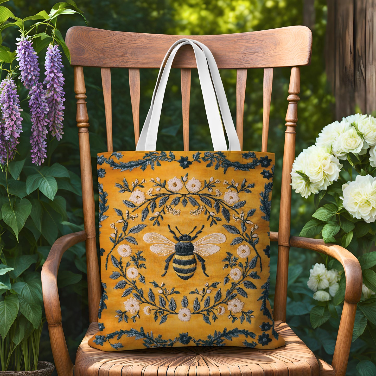 Cute Gold Vintage Floral Bee - Personalized Tote Bag