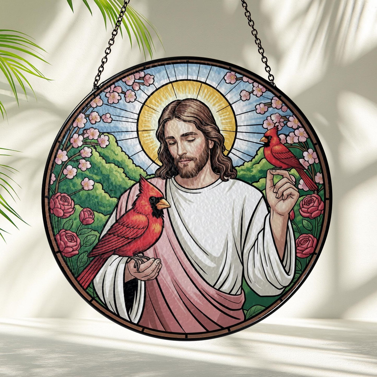 Jesus With Cardinals Stained Glass Suncatcher