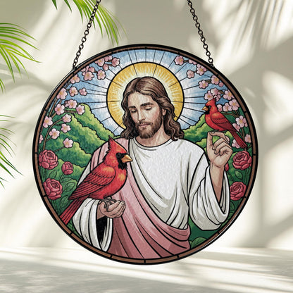 Jesus With Cardinals Stained Glass Suncatcher