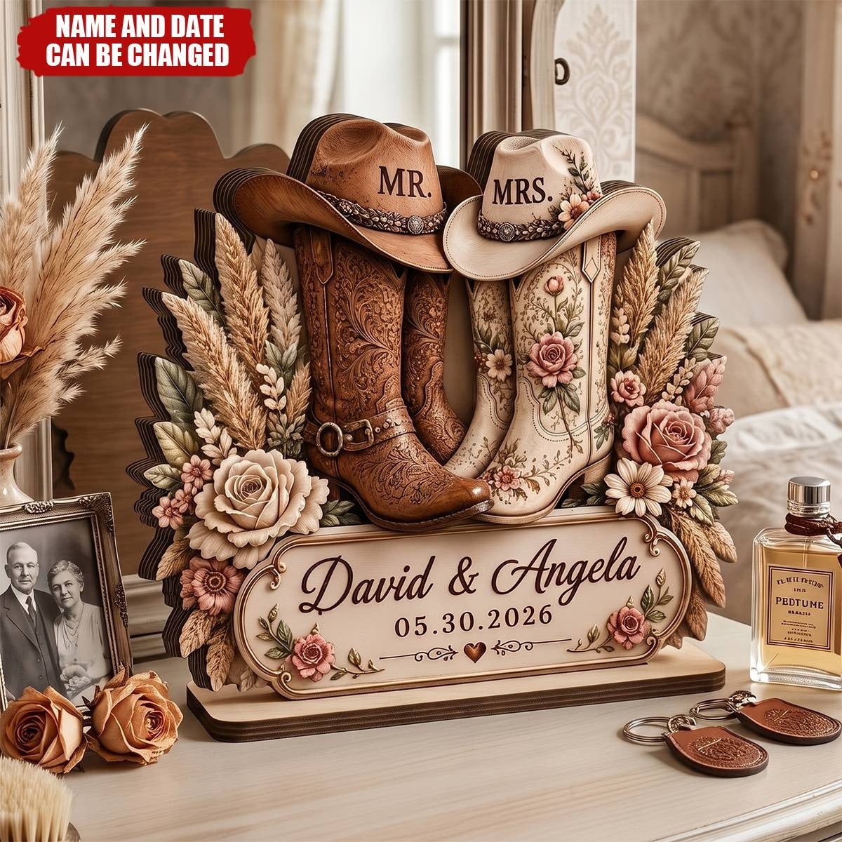 Rustic Cowboy Boots Personalized Wedding Wooden Plaque - Custom Anniversary Gift for Couples