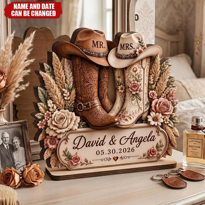 Rustic Cowboy Boots Personalized Wedding Wooden Plaque - Custom Anniversary Gift for Couples