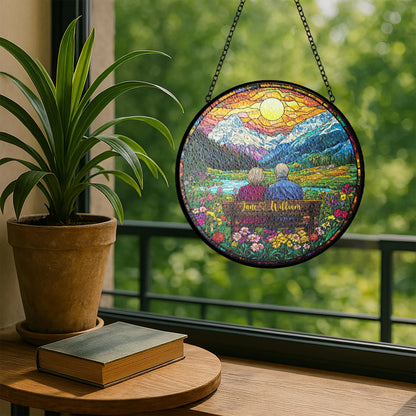 Custom Couple Stained Glass Suncatcher, Faux Glass Sunset & Mountain
