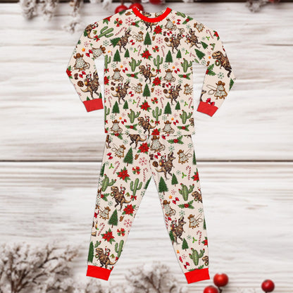 Christmas Western Santa Riding Dinosaur Family Pajamas Set