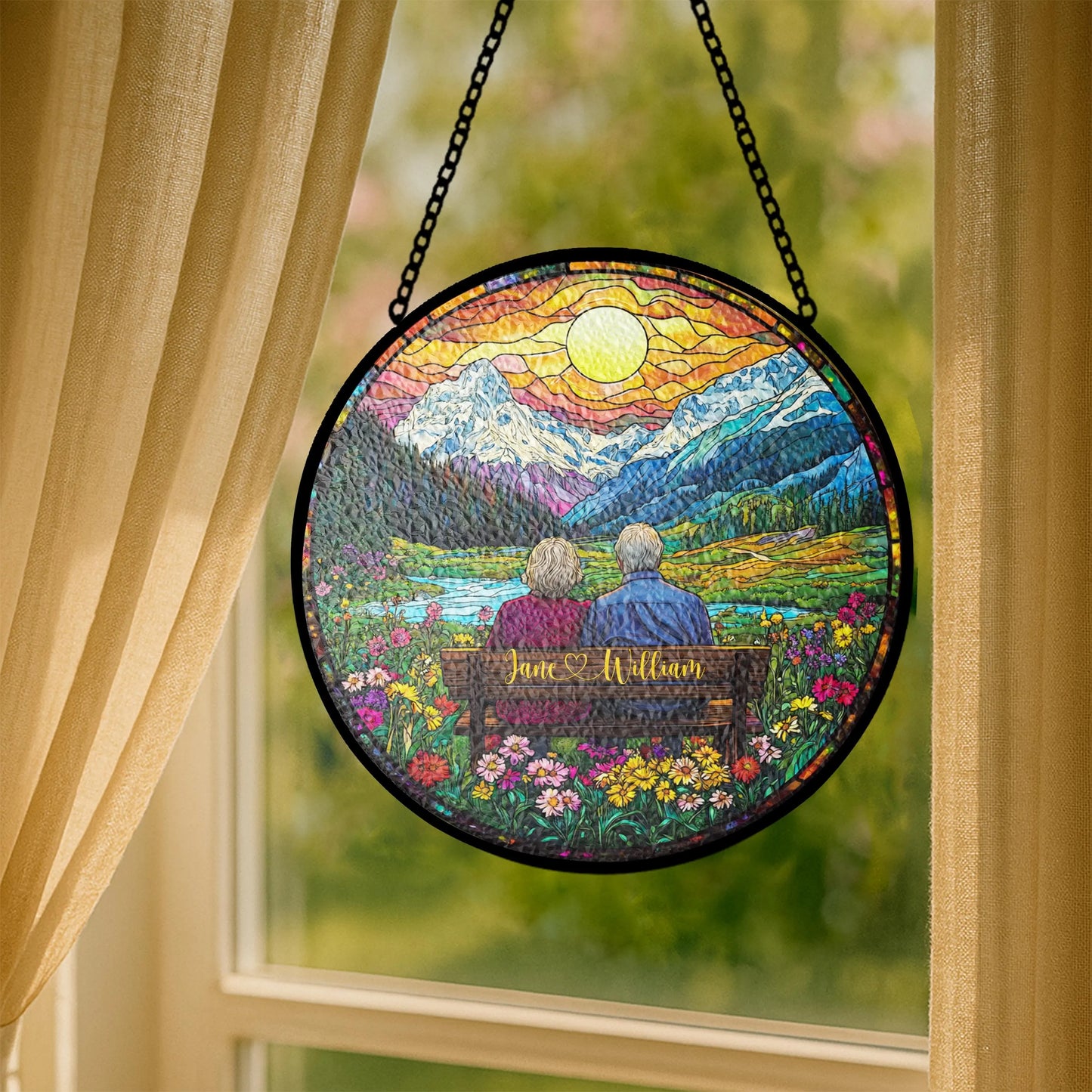 Custom Couple Stained Glass Suncatcher, Faux Glass Sunset & Mountain