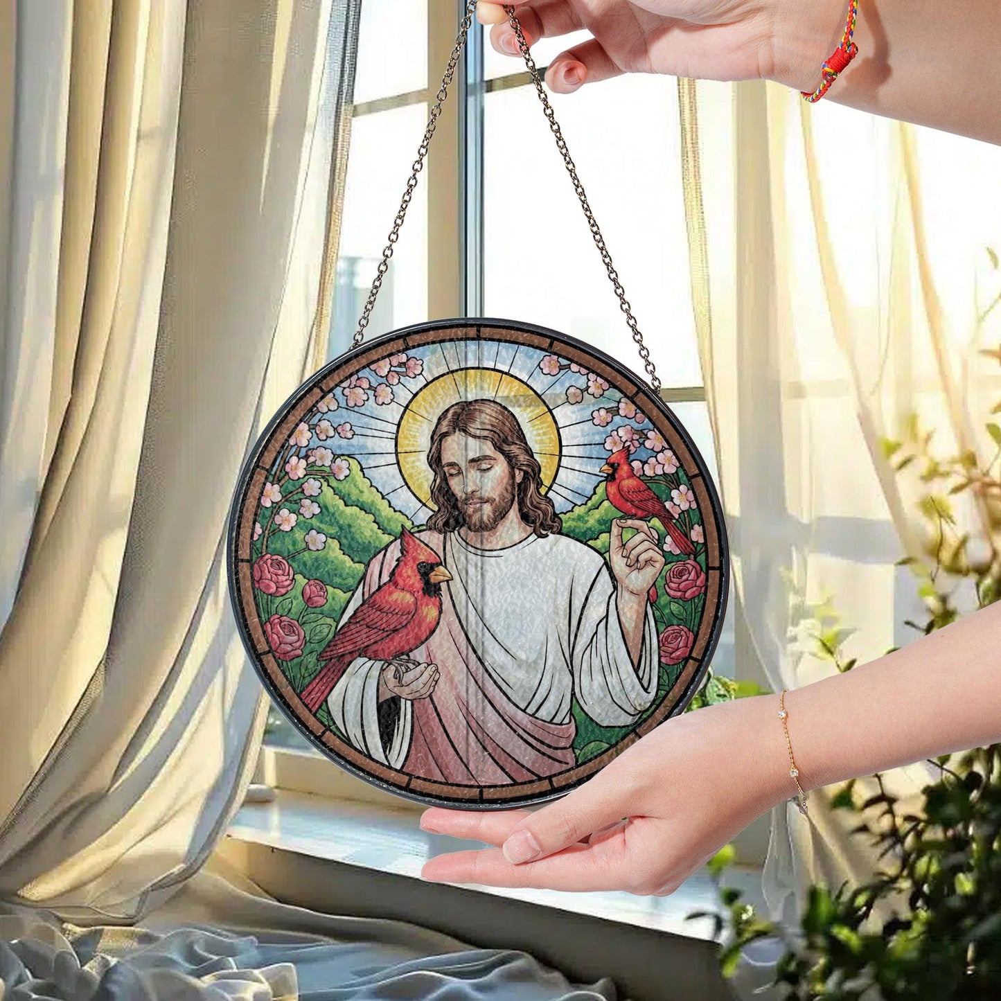 Jesus With Cardinals Stained Glass Suncatcher