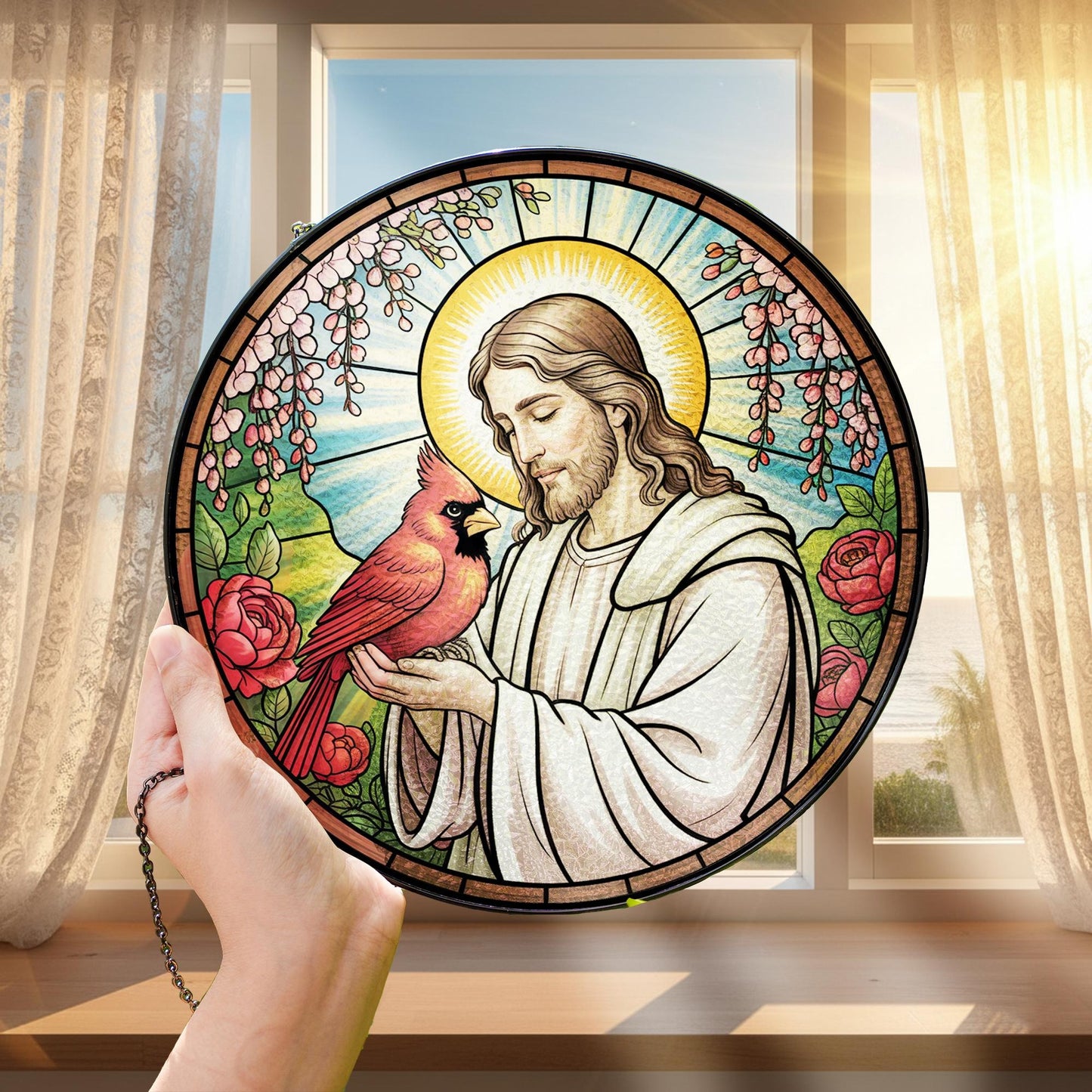 Jesus With Cardinals Stained Glass Suncatcher