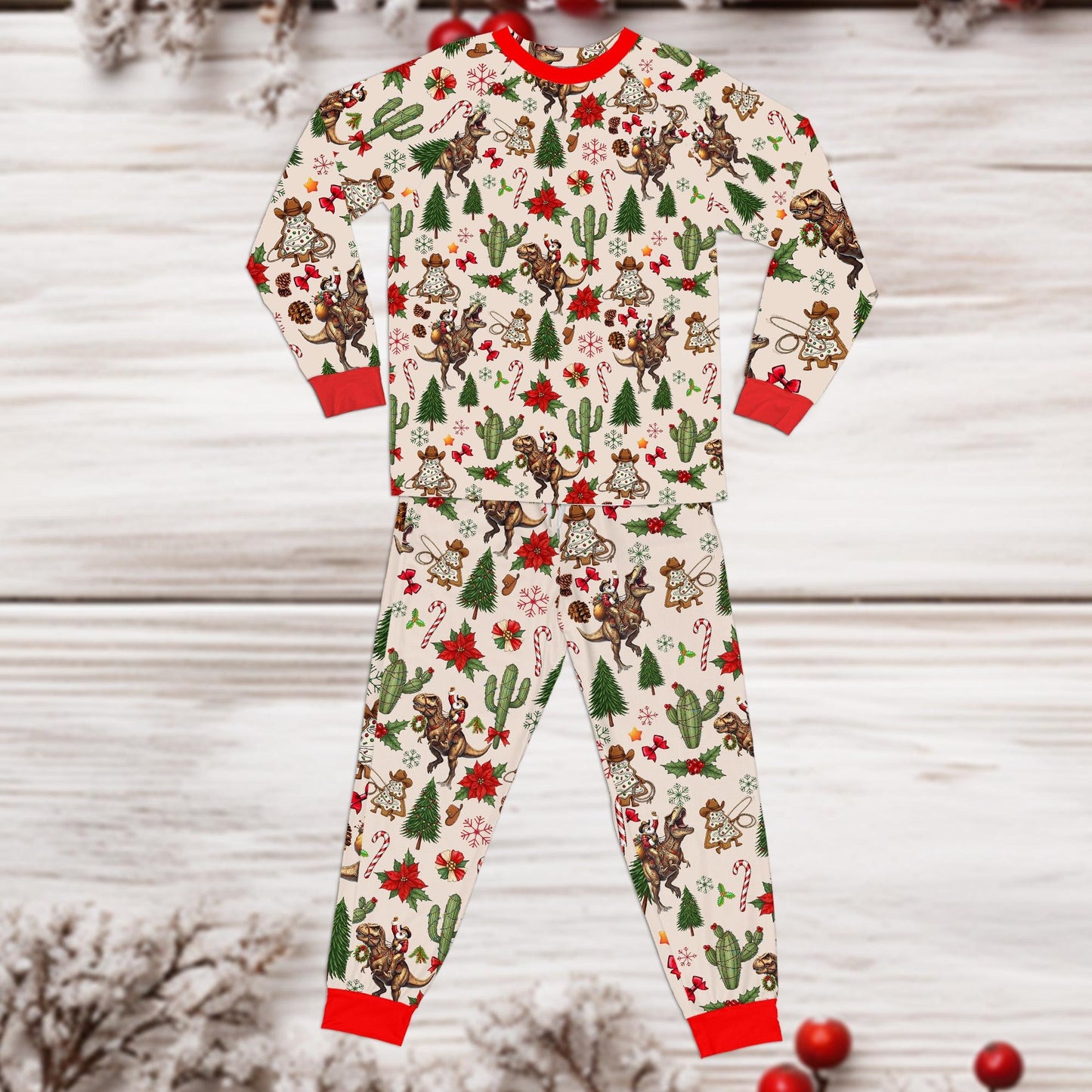 Christmas Western Santa Riding Dinosaur Family Pajamas Set
