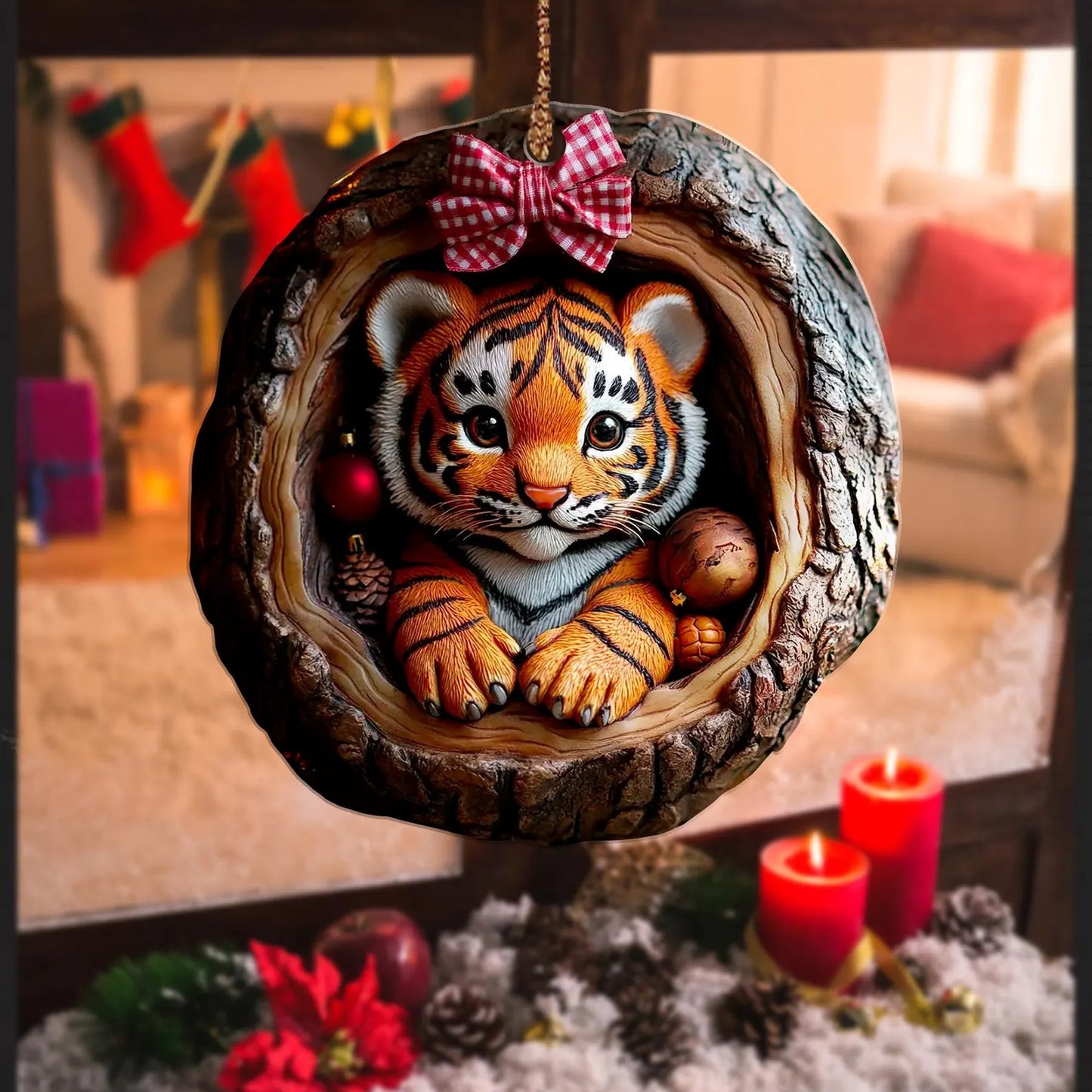 Cute Tiger Christmas Wood Ornament
