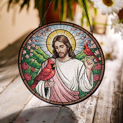 Jesus With Cardinals Stained Glass Suncatcher