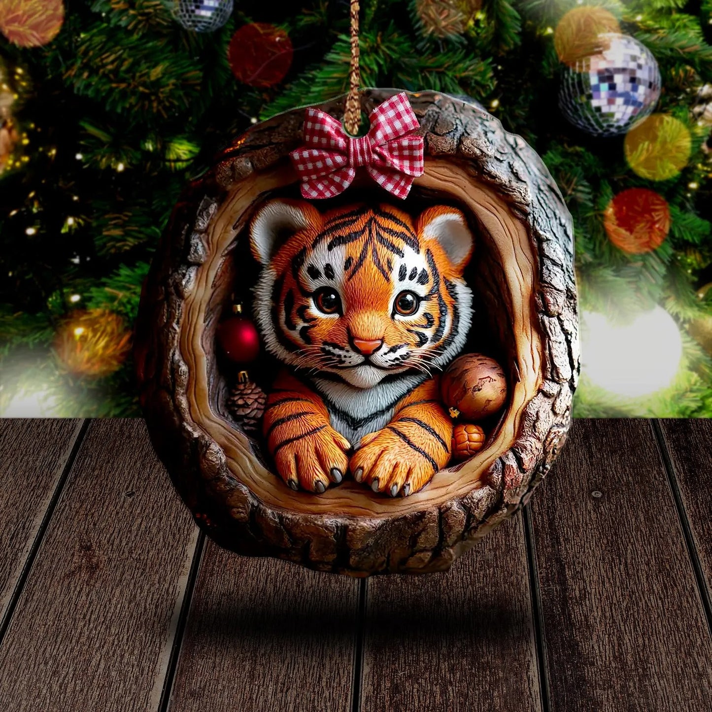 Cute Tiger Christmas Wood Ornament