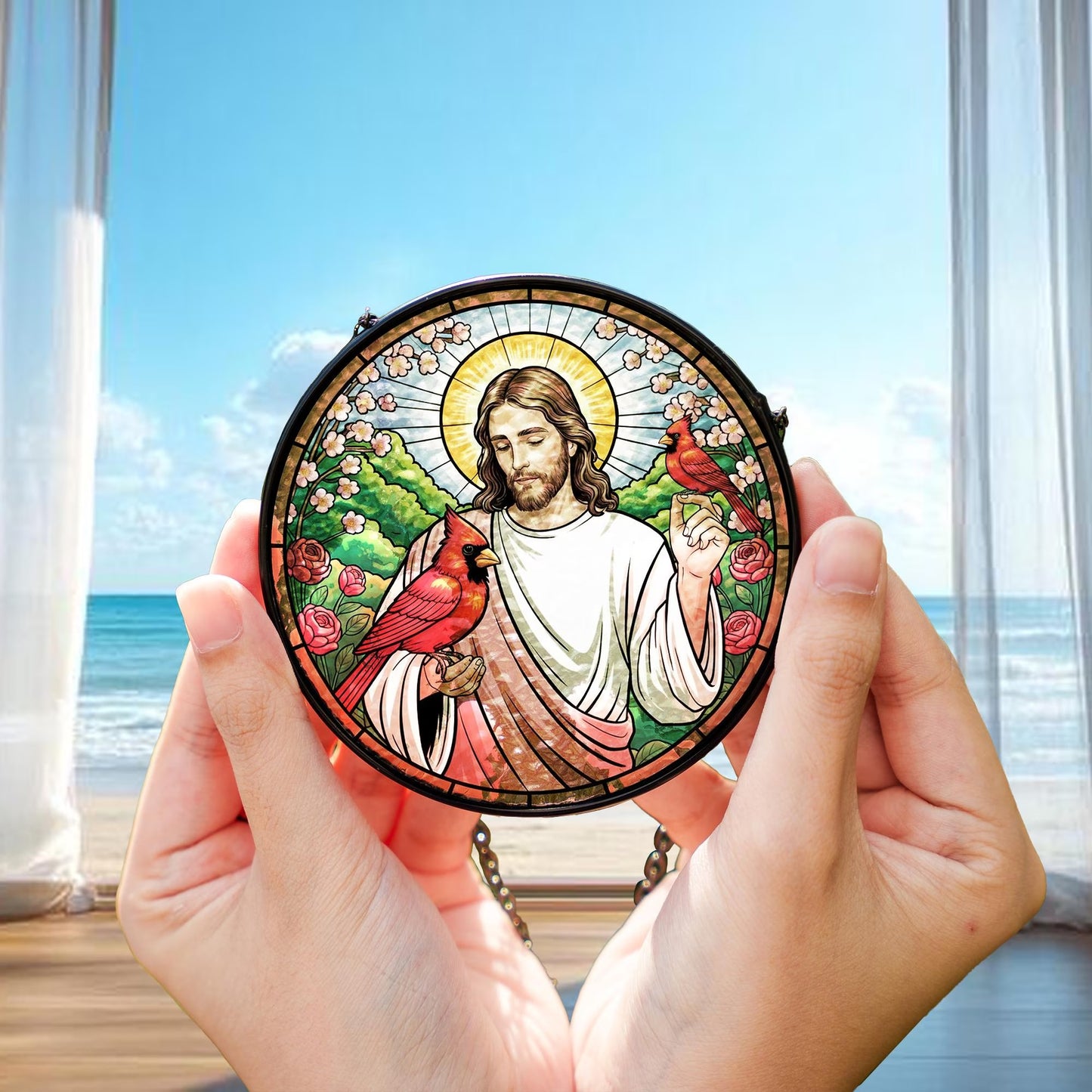 Jesus With Cardinals Stained Glass Suncatcher