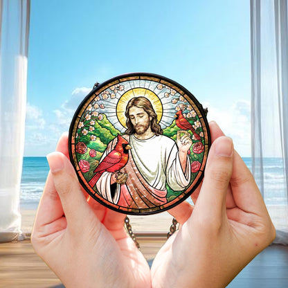 Jesus With Cardinals Stained Glass Suncatcher