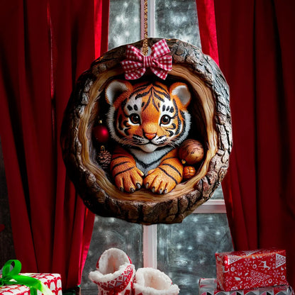 Cute Tiger Christmas Wood Ornament