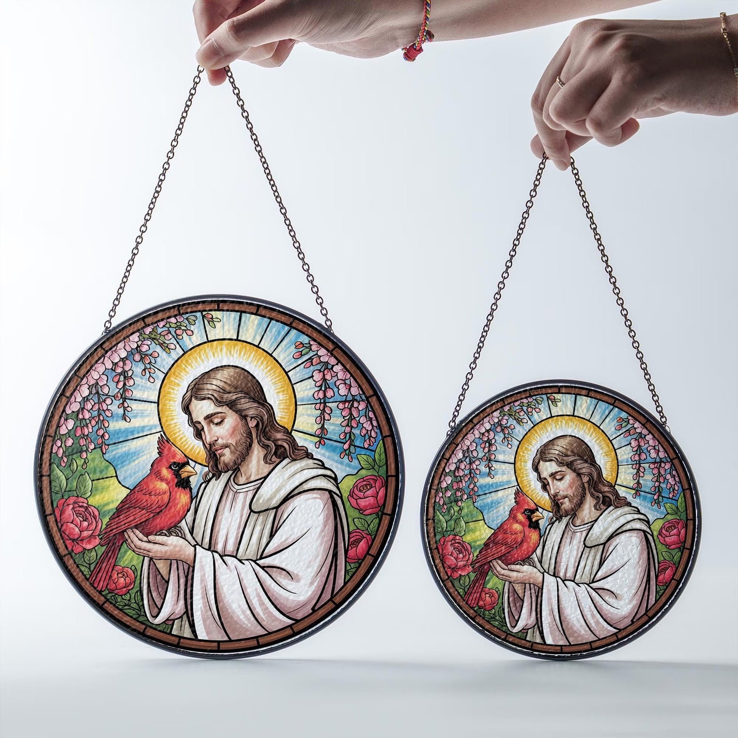 Jesus With Cardinals Stained Glass Suncatcher