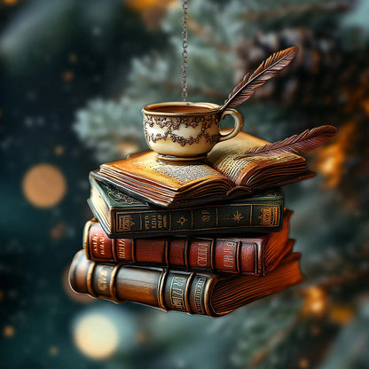 Vintage Book Stack Light Bauble Wood Ornament