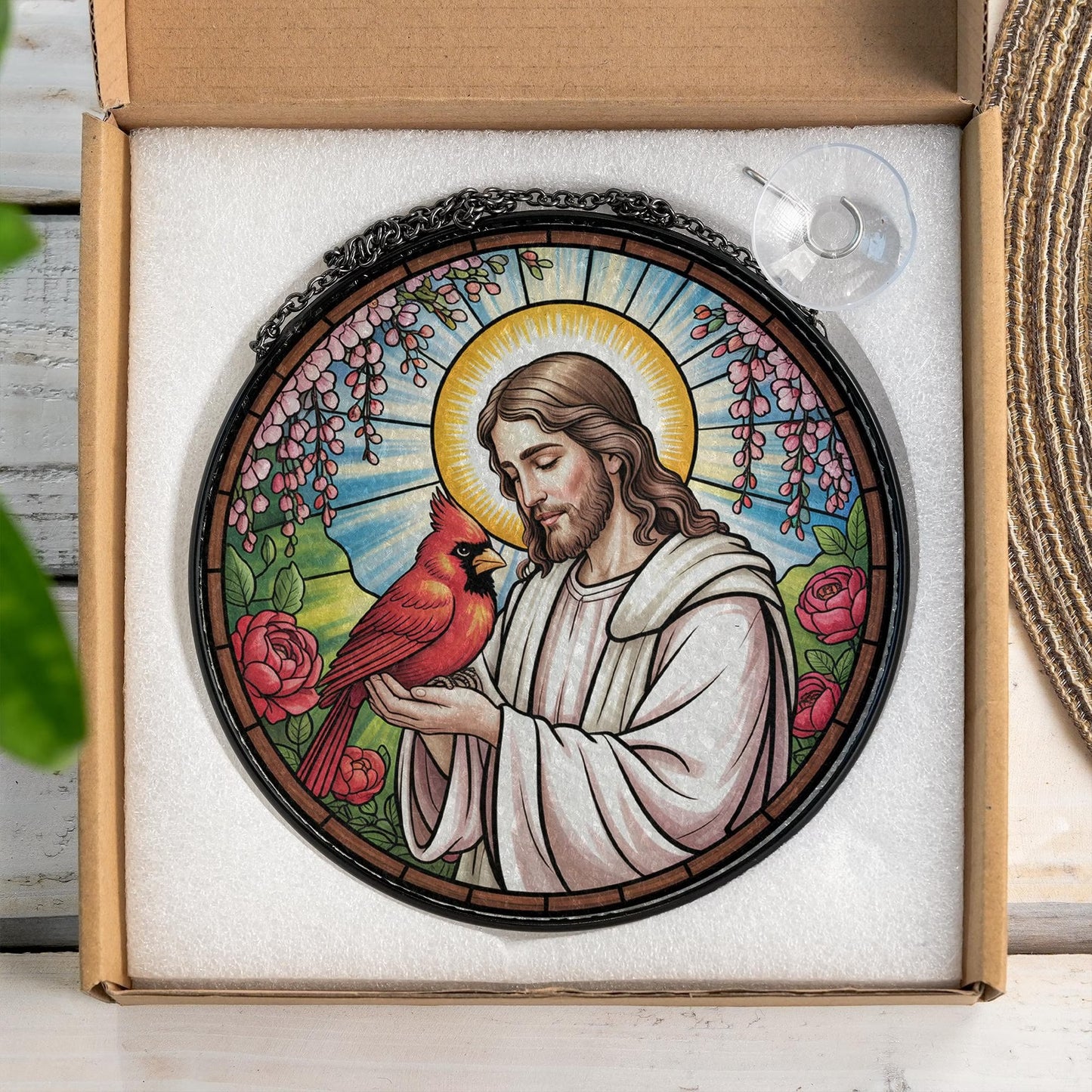 Jesus With Cardinals Stained Glass Suncatcher
