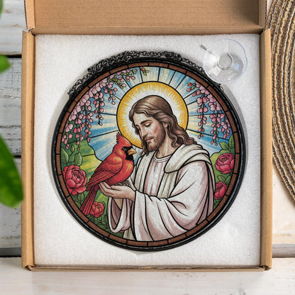Jesus With Cardinals Stained Glass Suncatcher
