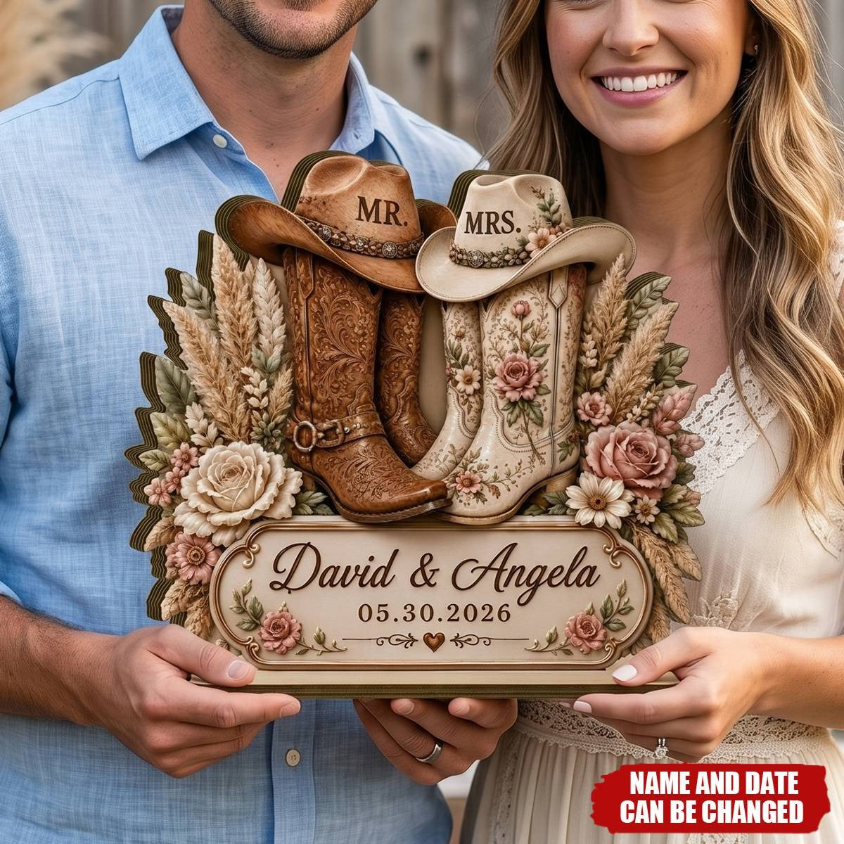 Rustic Cowboy Boots Personalized Wedding Wooden Plaque - Custom Anniversary Gift for Couples