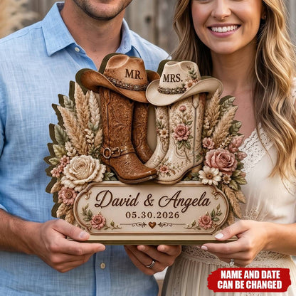 Rustic Cowboy Boots Personalized Wedding Wooden Plaque - Custom Anniversary Gift for Couples