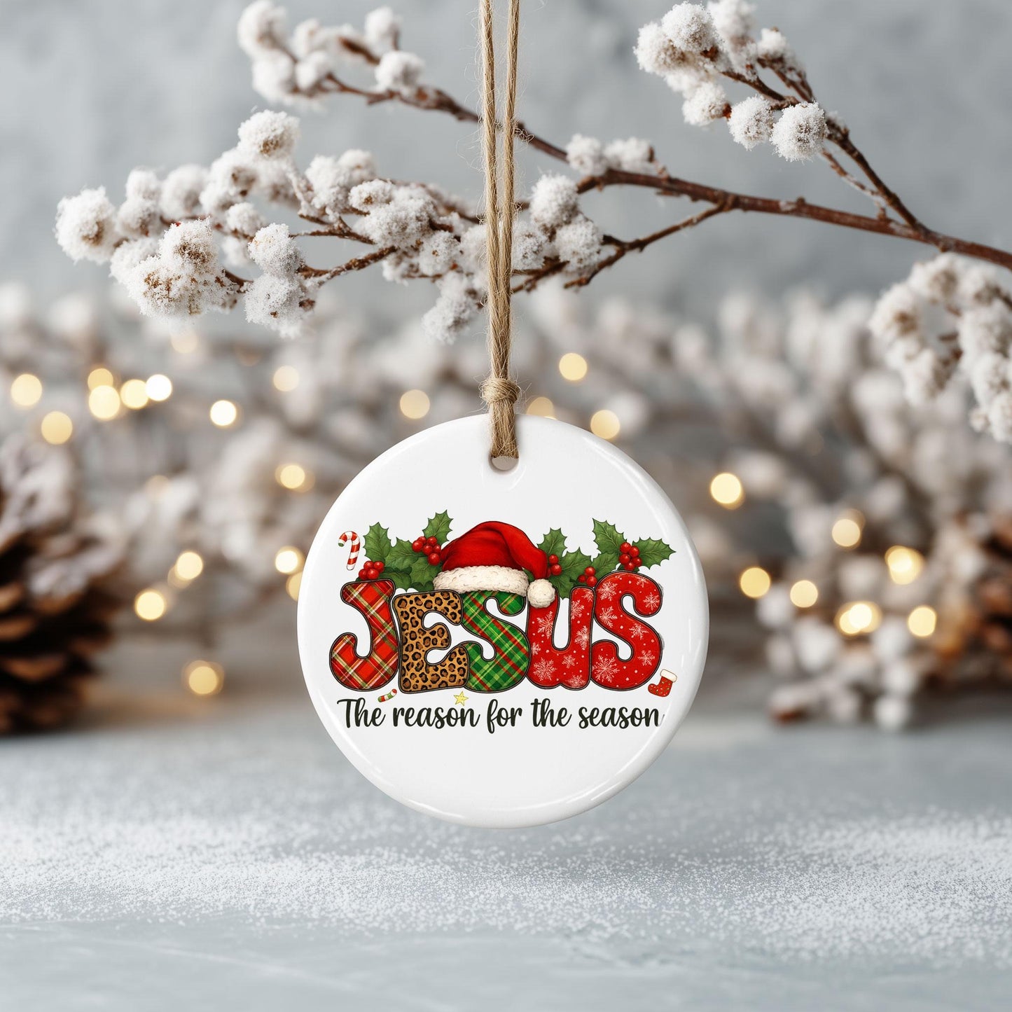 Jesus Ornament Ceramic, Christian Christmas Decoration With Santa Hat, Christian Circle Ceramic Ornament