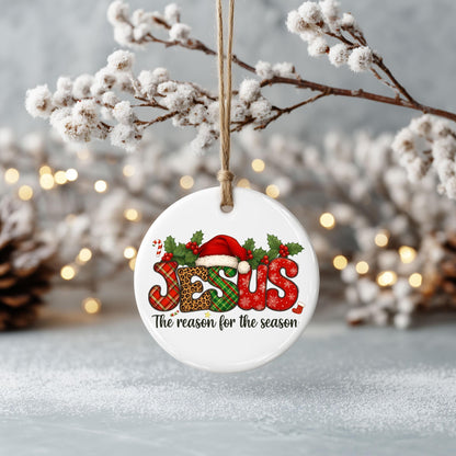 Jesus Ornament Ceramic, Christian Christmas Decoration With Santa Hat, Christian Circle Ceramic Ornament