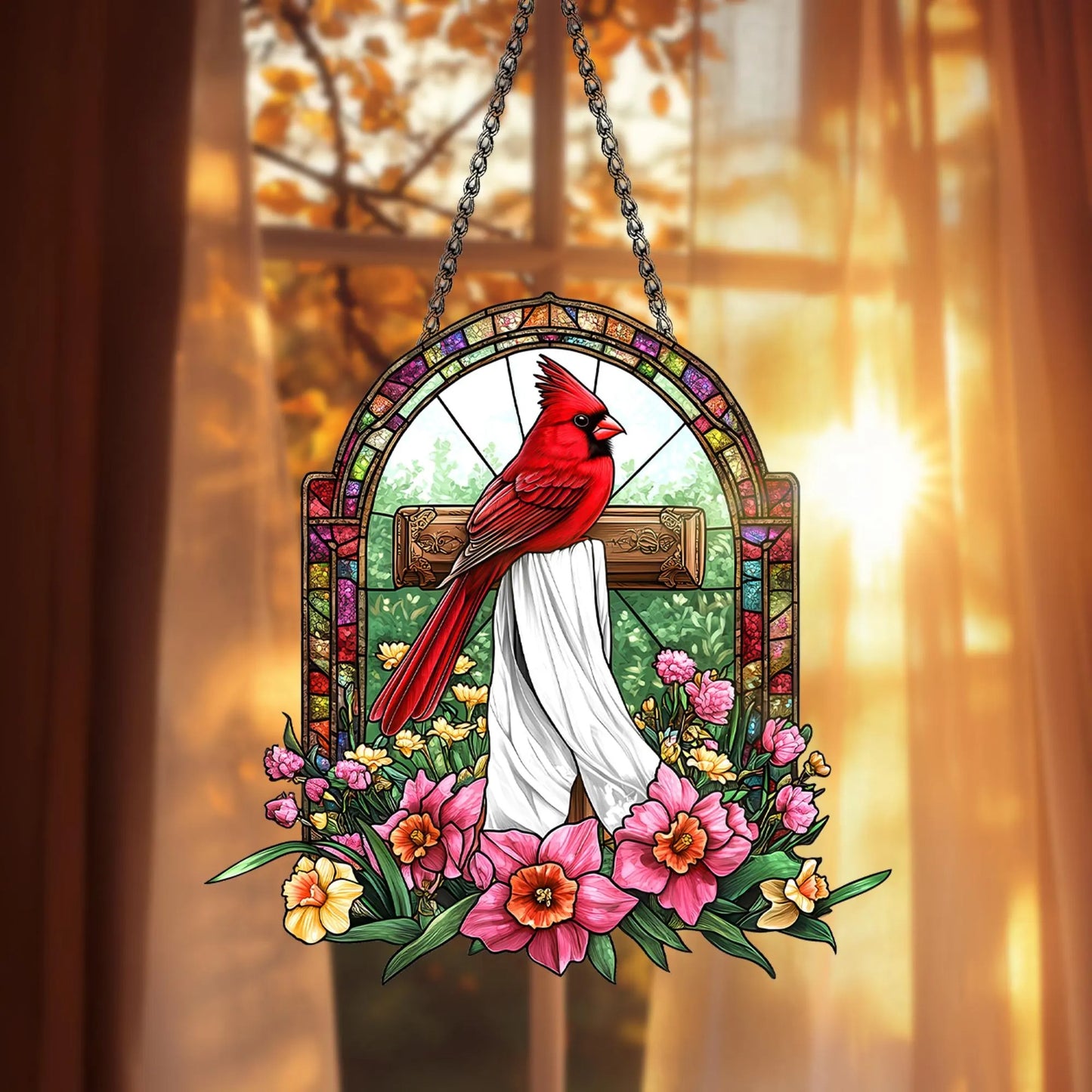 Cardinal Cross Acrylic Window, Christian Acrylic Window Hanging