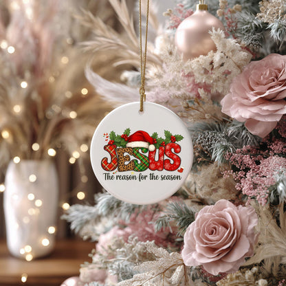 Jesus Ornament Ceramic, Christian Christmas Decoration With Santa Hat, Christian Circle Ceramic Ornament