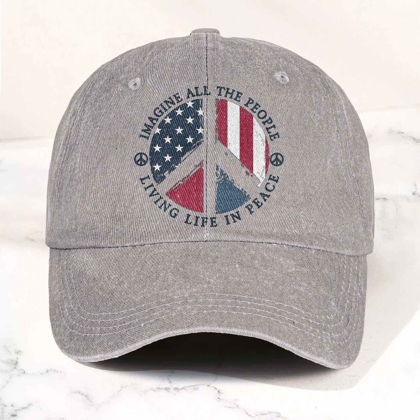 Imagine All The People Living Life In Peace Sign American Flag Denim Cap - Retro Vintage Dad Cap Gift For Dad